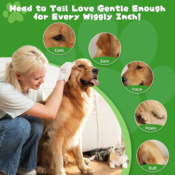 Pet Glove Wipes for Dogs & Cats, 32 Individually Wrapped Packs, Safe for Sensitive Skin, Quick Deodorizing, Loose Hair Removal, Full Body Grooming for Fur, Paws, Eyes & Ears, Bath & Travel