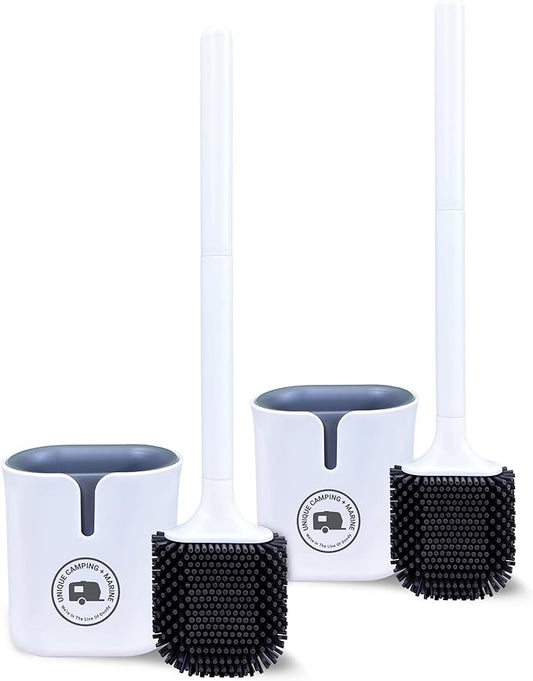 Unique RV Toilet Bowl Brush, Compact, Silicone Bristles, Won't Damage Toilets or Seals, Wall-Mount No-Drip Holder, Value Pack (Pack of 2)