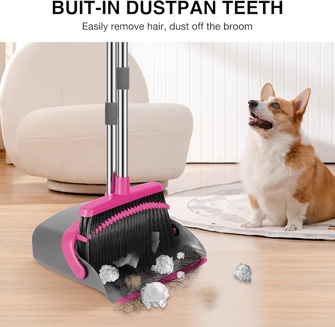 NACENA Broom and Dustpan Set, 52-in Long Adjustable Handle Broom Dustpan Combo with Dustpan Teeth to Automatically Clean Hair Suitable for Home Kitchen Office Hall Floor (Grey&Rose), 4 Pack