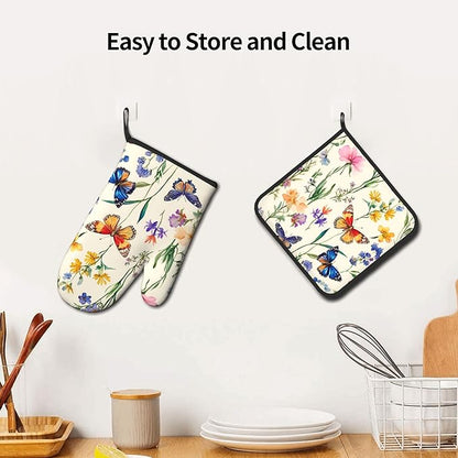 Vintage Floral Oven Mitts and Pot Holders Spring Summer Kitchen Accessories Set of 2 Wildflower Herb Flowers Gloves Potholder for Chef Cooking Baking Grilling BBQ