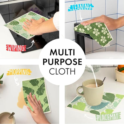 6 - Pack Swedish Kitchen Dish Cloths - Reusable Paper Towels for Counters & Dishes - Eco Friendly Cellulose Sponge Cloth (Botany)