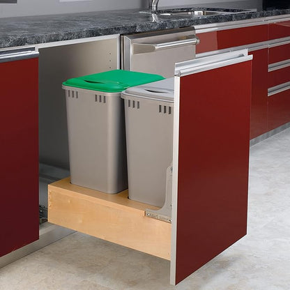 Rev-A-Shelf 50 Qt Bottom Mount Double Pullout Under Cabinet Trash Cans w/Soft-Close for Base Cabinets, Min Opening Width of 17.5", Metallic Silver, 4WCBM-2150DM-2