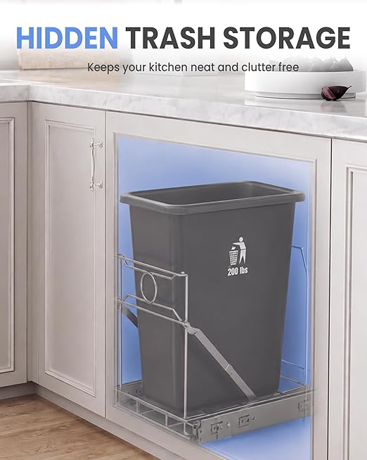 Stainless Steel Slide-Out Trash Bin Rack, Enhanced Heavy-Duty Cabinet Pull-Out System for 7–11 Gallon Cans, Silver (Bin Not Included)