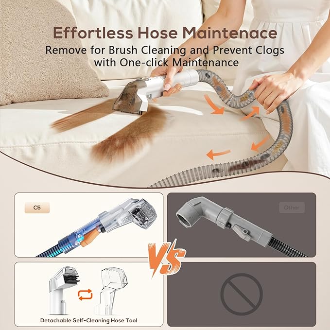 Portable Carpet & Upholstery Spot Cleaner Machine,15Kpa Deep Cleaning for Rug, Pet, Couch,Stairs & Car, Handheld Furniture Cleaner Machine with 2 Size BrushHead & Self-Cleaning System