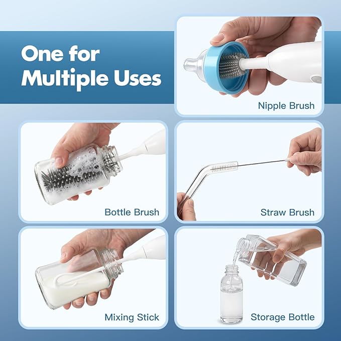 Electric Bottle Brush Cleaner, Electric Baby Bottle Brush Set with Silicone Bottle/Nipple/Straw Brush Soap Dispenser/Storage Bag for Home and Travel, White