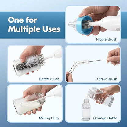 Electric Bottle Brush Cleaner, Electric Baby Bottle Brush Set with Silicone Bottle/Nipple/Straw Brush Soap Dispenser/Storage Bag for Home and Travel, White