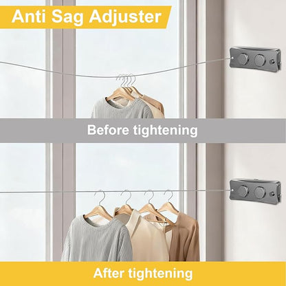 Retractable Clothesline Indoor & Outdoor, 16.7 Ft Non-Sagging Double Clothes Line, Retracting Heavy Duty Clothes Drying Laundry Line, Wall Mounted Space-Saving Stainless Steel Line