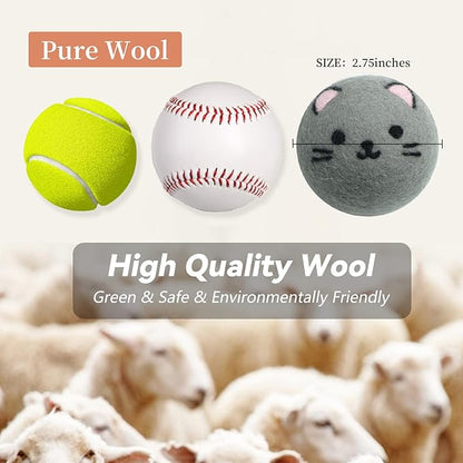 Dryer Balls Laundry Reusable - XL Wool Dryer Balls - Handmade Cute, Extra Large Dryer Balls, Shorten Drying Time, Organic Wool - Dry 1000+ Loads (Gray Cat)