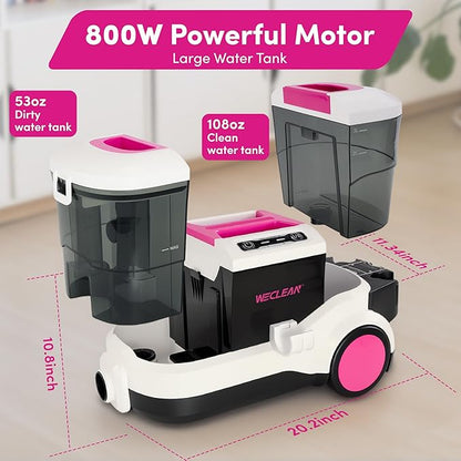 WECLEAN C4 Pink Carpet Cleaner Machine, Portable 800W 18KPa Deep Cleaner with Stand-Up Handle and Wide Squeegee for Pet Stains on Carpets, Rugs, Upholstery and Car Interiors, 3L Clean/1.5L Dirty Tank