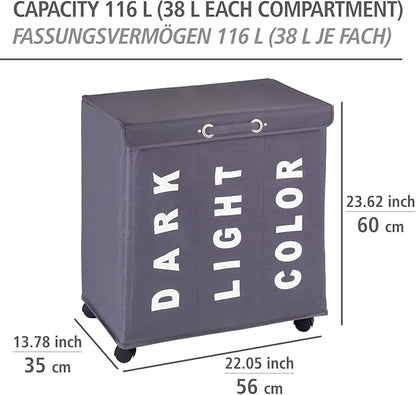 WENKO Trivo Basket, Laundry Sorter, with Lid, Hamper, Laundry Bin, 3 Section, 3 Bag, Room Storage, 30.64 gallon/22" x 23.6" x 13.8", Grey