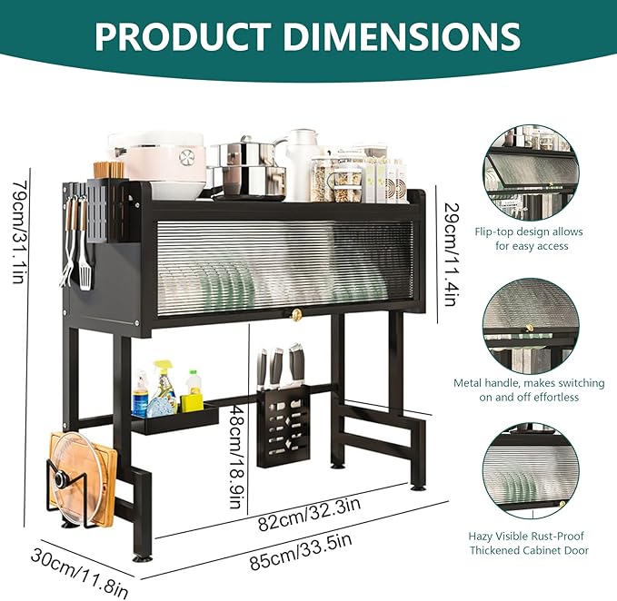 Over The Sink Dish Drying Rack, 3-Tier Carbon Steel Kitchen Storage Cabinet with Cover, 33.46" Heavy-Duty Large Capacity Dish Drain Shelf for Kitchen Sink Organization