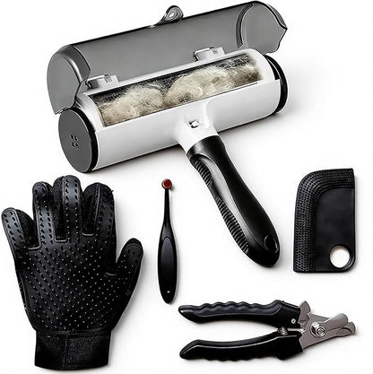 Pet Hair Remover Roller with Grooming Glove, Lint Roller, Nail Clipper, Cleaning Kit, 5-Piece Set