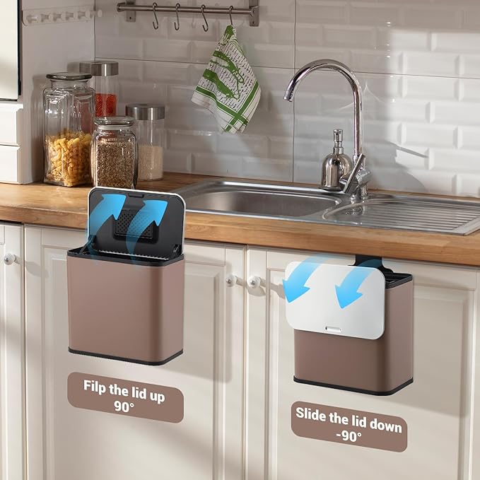 GarveeHome 1.3 gal/5L Countertop Compost Bin with Lid, Hanging Small Trash Can with Odor Control Charcoal Filter ＆ Bucket Under Sink for Kitchen, Hanging/Wall Mounted/Standing Food Waste Bin, Brown