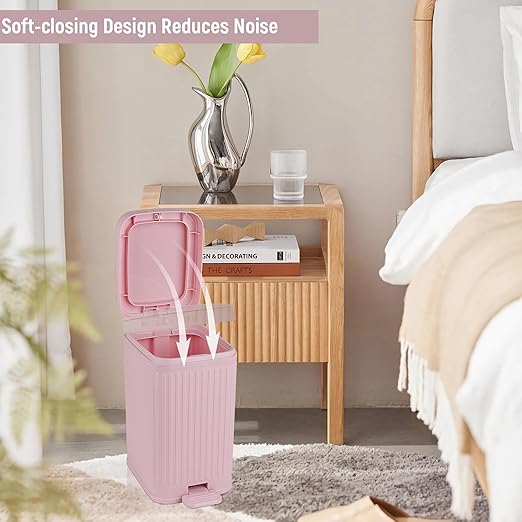 rejomiik Small Bathroom Trash Can with Lid 1.9 Gallon Step Trash Can Slim Garbage Can with Soft-Close Waste Bin for Bathroom, Bedroom, Office, Dorm, RV, Pink