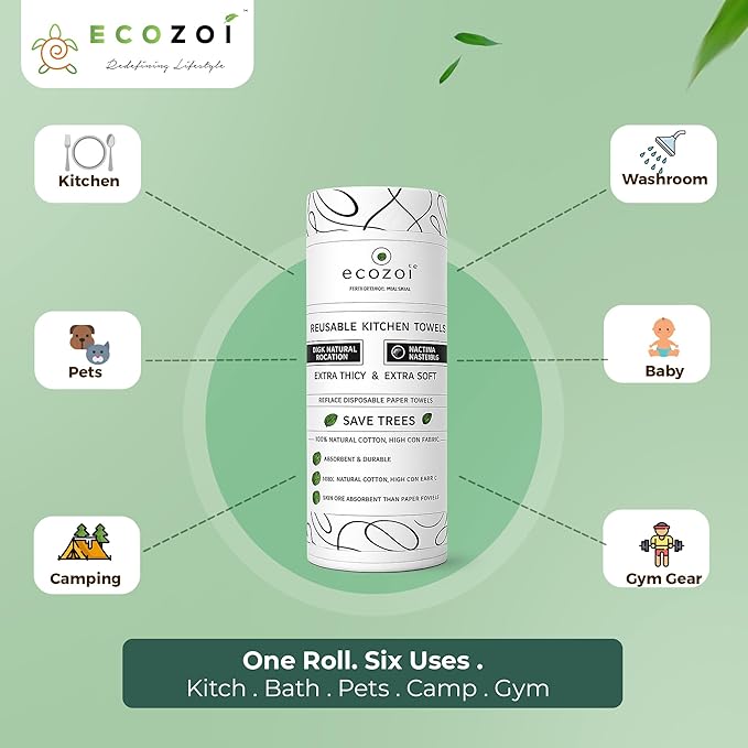 Ecozoi Bamboo Rayon Reusable Towels - 4 Pack | Equivalent to 80 Regular Rolls | 70% Rayon from Bamboo and 30% Cotton Kitchen Paper Rolls | 50 Times More Usage than Regular Paper Rolls