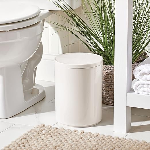 mDesign Plastic Small Slim Round 1.7 Gallon/6.5 Liter Trash Can with Removable Swing Lid - Wastebasket, Garbage Container Basket Bin for Master/Guest Bathroom - Holds Rubbish/Recycle - Cream/Beige