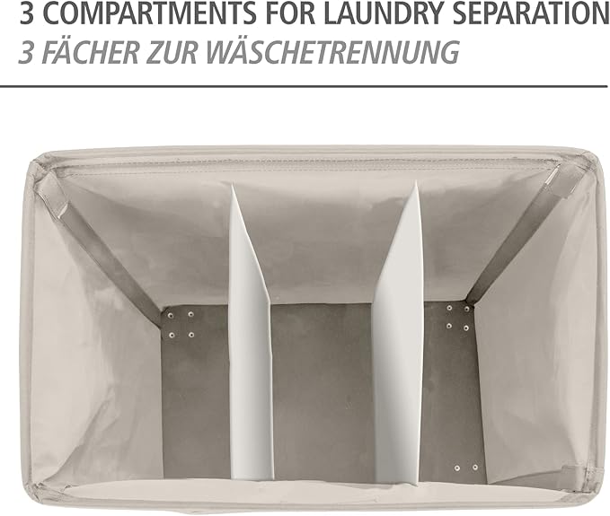 WENKO Trivo Laundry Sorter with 3 Sections (Dark, Light, Color), Laundry Basket on Wheels with Handle, Laundry Hamper with Lid, Beige, 30.6 gal, 22 x 23.6 x 13.8 in