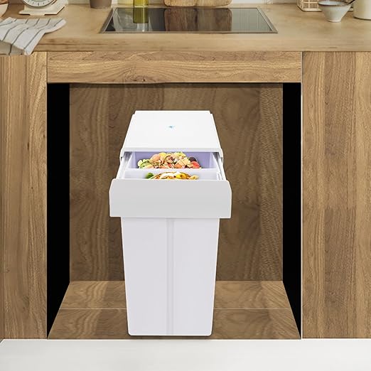 Pullout Trash Can, 10L + 20L Pull Out Under Cabinet Trash Can with Lid, Kitchen Cabinet Garbage Can Sliding Out Under Counter Waste Bin (White)