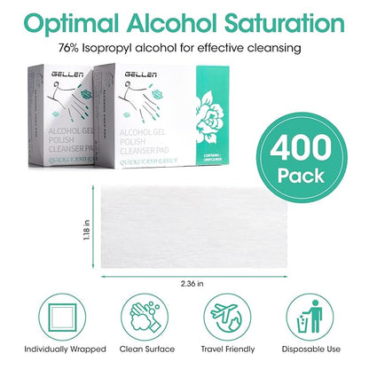 Gellen 400 Pack Nail Prep Cleanser Pads, Alcohol Pads for Nails, Individually Wrapped Nail Prep Pads, Lint-free Tacky Layer Residue Wipes for Acrylic & Builder Gel Polish Press-ons