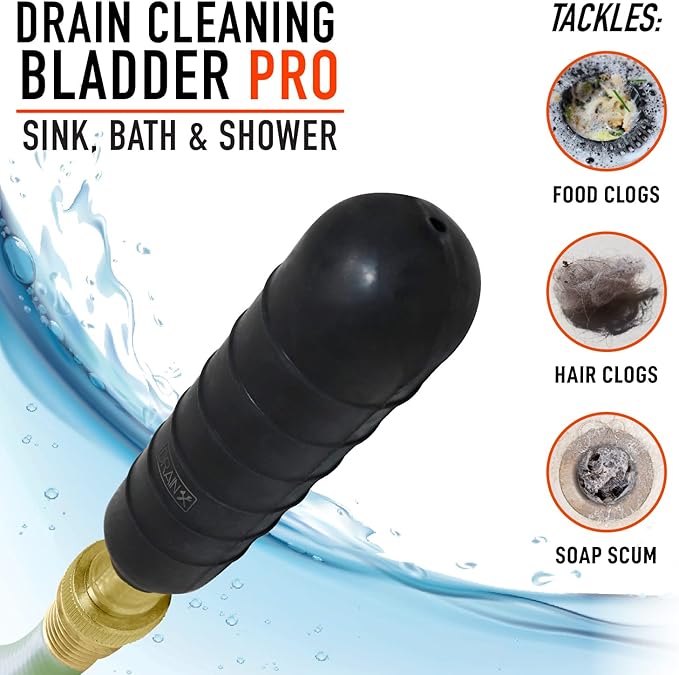 DrainX Hydro Pressure Drain Cleaning Bladder - Fits 1" to 2" Drain Pipes - Unclogs Stubborn Blockages in Bathroom Sinks, Shower Drains, Bathtubs, Plumbing Pipes