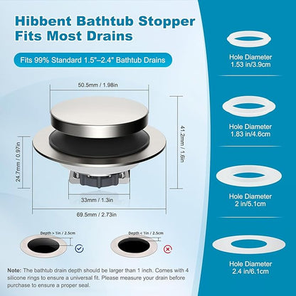 Hibbent 2 Pack 3 in 1 Metal Bathtub Drain Stopper, Universal Pop Up Tub Stopper with Removable Filter Basket, Bathtub Hair Catcher for 1.5''~2.4'' Drain, Brass Bullet Core, Brushed Nickel