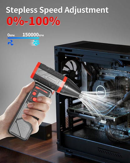Electric Compressed Air Duster, 150000RPM Cordless Air Duster with 8000mAh Rechargeable Battery, Stepless Speed, Adjustable 90 Nozzle, LED Light for PC Cleaning, Keyboard, Car Interior, Home