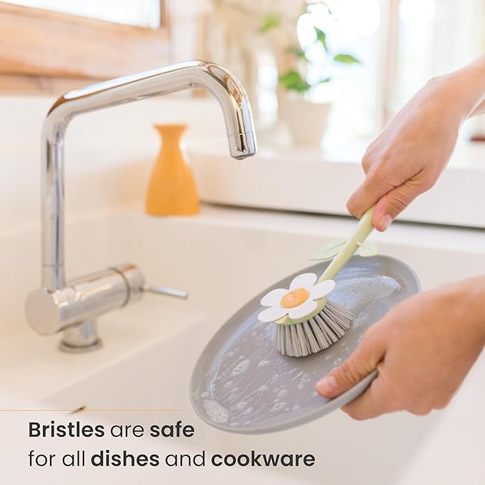Vigar Florganic Dish Brush with Holder - Dish Scrubber with Handle for Dishes, Kitchen Sink Cleaning Brush, Pot Scrubber, Kitchen Scrub Brush, Dishwashing Brush Tool for Sink Cleaning - Orange