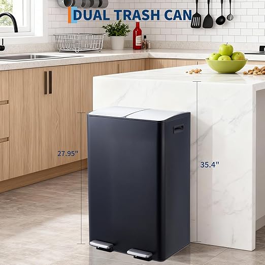Takywep 2 x 8 Gal (2 x 30L) Kitchen Dual Trash Can, Stainless Steel Double Trash Can with 2 Removable Inner Buckets, Soft-Close Lid, Double Compartment Recycling Bin for Kitchen Home Office, Black