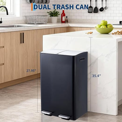 Takywep 2 x 8 Gal (2 x 30L) Kitchen Dual Trash Can, Stainless Steel Double Trash Can with 2 Removable Inner Buckets, Soft-Close Lid, Double Compartment Recycling Bin for Kitchen Home Office, Black
