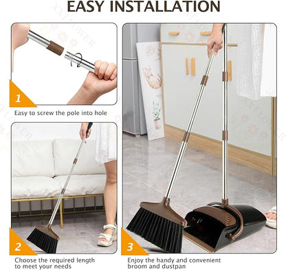 Broom and Dustpan Set with Long Handle, Light Weight Stainless Steel Poles Stand Upright Dustpans with Broom Combo for Home Kitchen Office Pet Dog Hair, 1-Pack (Black Brown)