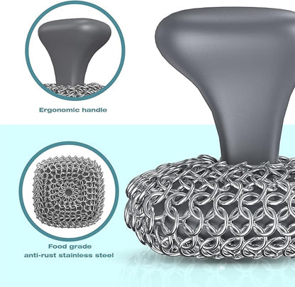 Cast Iron Scrubber, Cast Iron Cleaner with Pan Scraper, Chainmail Scrubber for Cleaning Dishes, Stock Pots, Pans, Griddles, Grills - Dish Scouring Pad Dishwasher Safe Cleaning Kit, Black