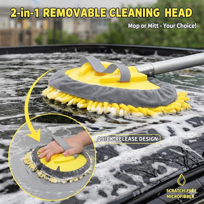 144" Car Wash Kit with Telescoping Pole, 20L Collapsible Bucket, Chenille Microfiber Mop, Bristle Brush, 2-in-1 Sponge & Window Squeegee, Towel & Waterproof Glove for RV Truck SUV Boat