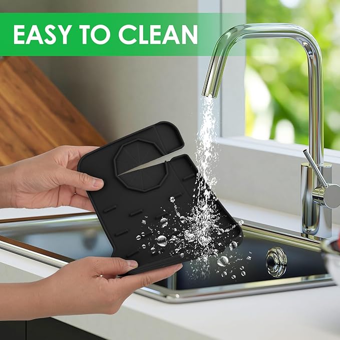 Dimeho Sink Faucet Splash Guard Mat Silicone Soap Dish Pad Faucet Handle Drip Catch Sponge Holder Sink Protector Trays for Bathroom Kitchen Countertop Gadgets Accessories 8.3 x 5.7 Inch(Black)