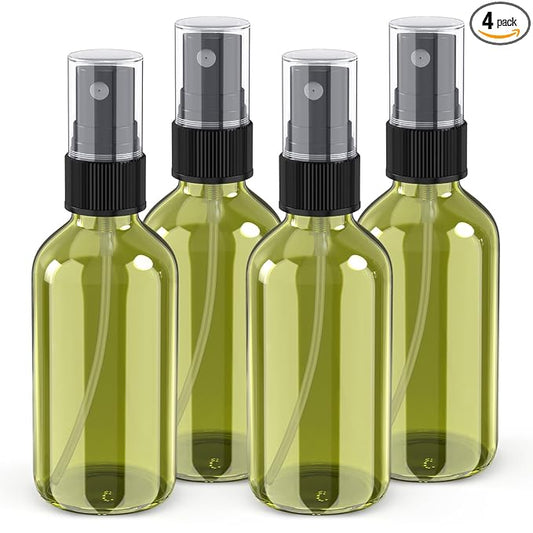 Wedama 4 oz Mini Glass Spray Bottles, Empty Small Spray Bottles with Funnel Dropper, Fine Mist for Hair, Travel, Plants, Cleaning Solutions and Skin Care (4 Pack Olive Green)