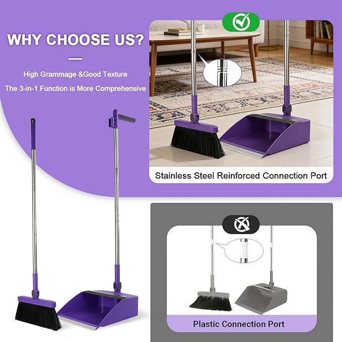 Broom and Dustpan Set, Long Handle Standing Broom with Self-Cleaning Comb Teeth, Heavy Duty Broom Dustpan Combo for Home Kitchen Office Floor Pet Hair Cleaning (Purple)