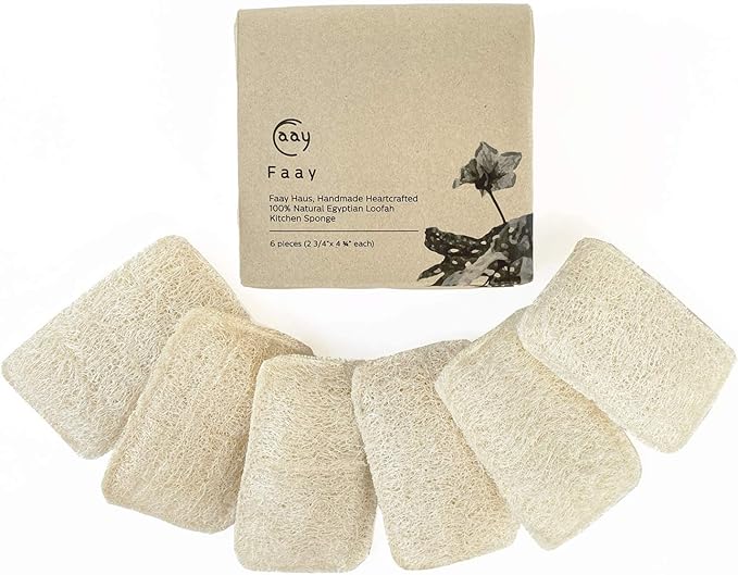 FAAY Eco Friendly Sponges for Dishes, Multi-Purpose Non-Scratch Loofah Scrubber for Cookware, Kitchen, Bathtub and Body, Handmade Unbleached Luffa Fiber, Natural, Biodegradable, Compostable & No Smell