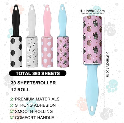 12 PCS Mini Lint Roller 360 Sheets Rollers for Pet Hair Extra Sticky Travel Size Pet Hair Remover Compact Lint Roller for Clothes Portable Sticky Remover Dust Furniture Car Seat Gift Bags