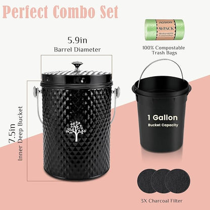 AOSION Countertop Compost Bin Kitchen，Odorless Indoor Compost Bin with Lid and 50 Pack Compost Bags,Compost Bucket Composter Container for Food Waste,Black