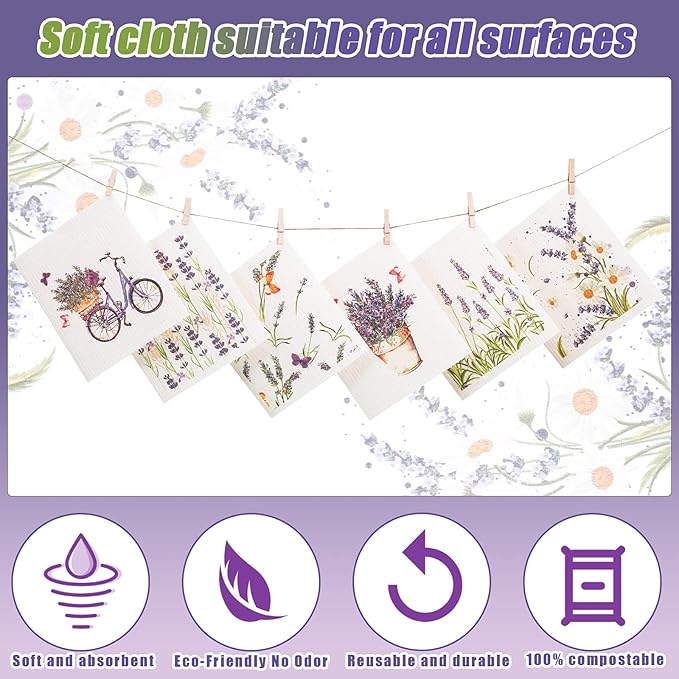 Remagr 6 Pcs Swedish Kitchen Dish Towels Kitchen Cloths Reusable Sponge Cleaning Cloths Absorbent Dish Cloth Quick Drying Washable Cleaning Wipes No Odor Hand Towel (Lavender)