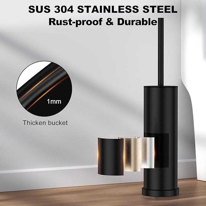 Black Toilet Brush and Holder Set，Stainless Steel Heavy Duty Toilet Bowl Brush，Extra Long Handled Modern Toilet Cleaner Brush with Replaceable Head, Removable Inner Bowl, and Splash Protection