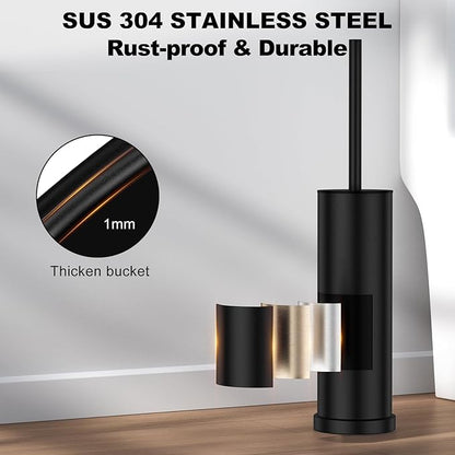 Black Toilet Brush and Holder Set，2 Pack Stainless Steel Heavy Duty Toilet Bowl Brush，Extra Long Handled Modern Toilet Cleaner Brush with Replaceable Head, Removable Inner Bowl, and Splash Protection