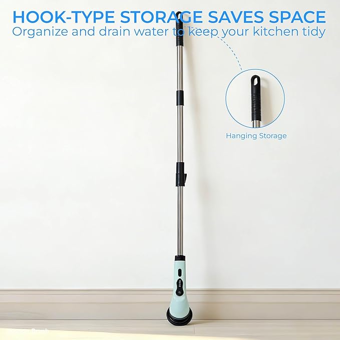 Electric Spin Scrubber with Long Handle，Cordless Bathroom & Kitchen Cleaner with 6 Replaceable Brush Heads，3 Adjustable Speeds for Tile Floor Tub Shower