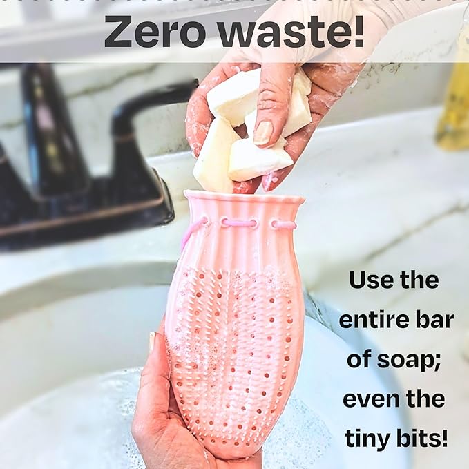 Soap Saver Bag, Gentle Exfoliating Loofah Pouch, Soap Sleeves for Bars, Exfoliating Bag, Bar Soap Pouch, Mesh Soap Bags for Soap Bars, Soap Bar Bag, Silicone Body Scrubber, Pink Loofah