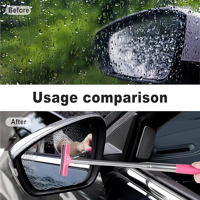 Car Rear View Mirror Wiper, 38.58 In Handle Car Window Squeegee, Retractable Auto Glass Squeegee, Portable Mirror Cleaner Tool for Auto Glass Water Removal Fog Snow (Pink)
