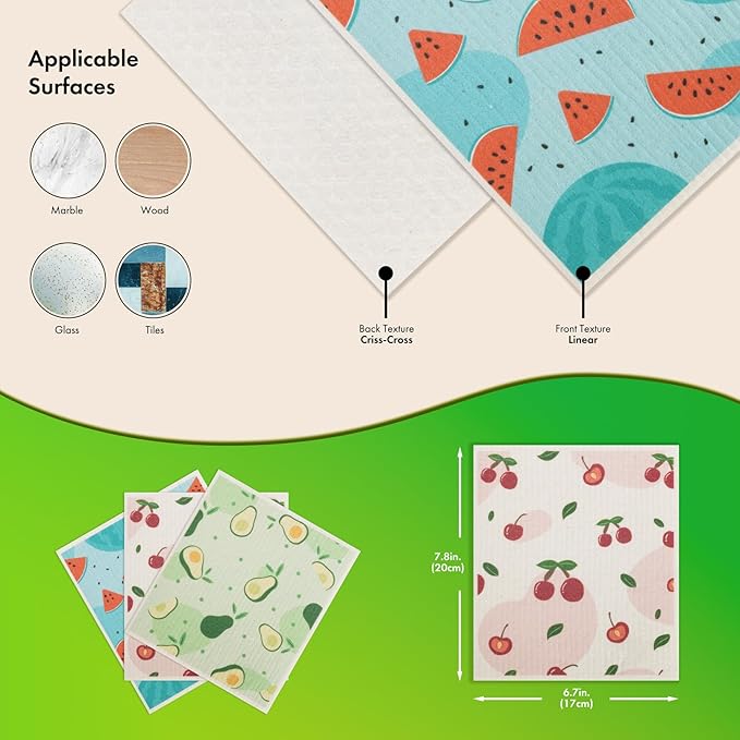 Swedish Dishcloths for Kitchen, 6 Pack Fruit Swedish Dish Towels with Clips, Reusable Paper Towels Washable Non-Scratch Super Absorbent Cellulose Sponge Cloths, Biodegradable No Odor