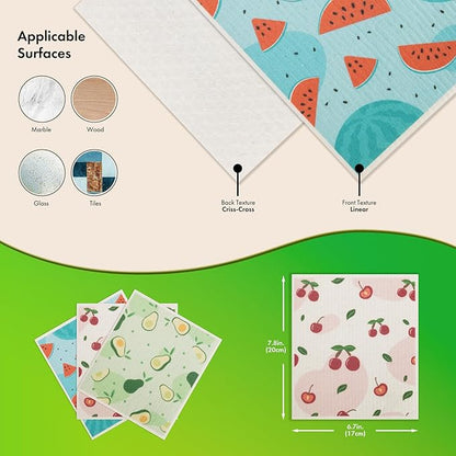 Swedish Dishcloths for Kitchen, 6 Pack Fruit Swedish Dish Towels with Clips, Reusable Paper Towels Washable Non-Scratch Super Absorbent Cellulose Sponge Cloths, Biodegradable No Odor