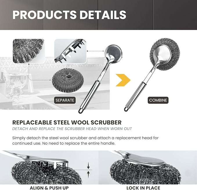 Long Handle Steel Wool Scrubber, Stainless Steel Pot & Pan Scrubber with Replaceable Scouring Ball, Heavy Duty Cast Iron Cleaner for Skillets, Griddles & Cookware (Silver / 2 Pack)