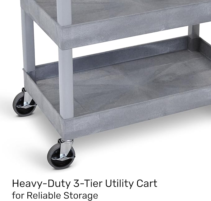 Tubstr 3-Tier Rolling Utility Cart with Wheels | Supports 300 lbs. Total | Heavy-Duty Capacity for Garage Storage, Office Spaces, & Kitchen Use | Durable Tool Cart with Locking Wheels (Gray, 32 x 18)