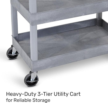 Tubstr 3-Tier Rolling Utility Cart with Wheels | Supports 300 lbs. Total | Heavy-Duty Capacity for Garage Storage, Office Spaces, & Kitchen Use | Durable Tool Cart with Locking Wheels (Gray, 32 x 18)