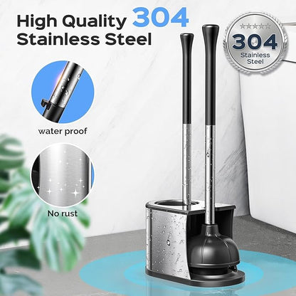 HAMITOR Toilet Plunger and Brush Set: 2 Pack 2 in 1 Stainless Steel Rustproof Combo with Curved Bristles - Heavy Duty Toilet Unclogging for Family Bathroom - Compact Apartment Cleaning Accessories